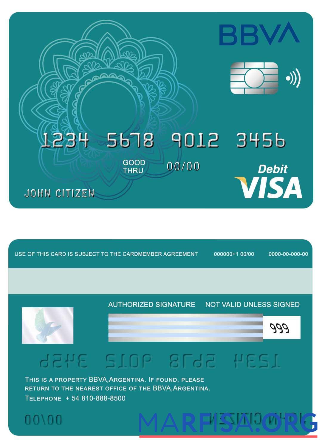 Downloadable Argentina BBVA bank visa card download for verification